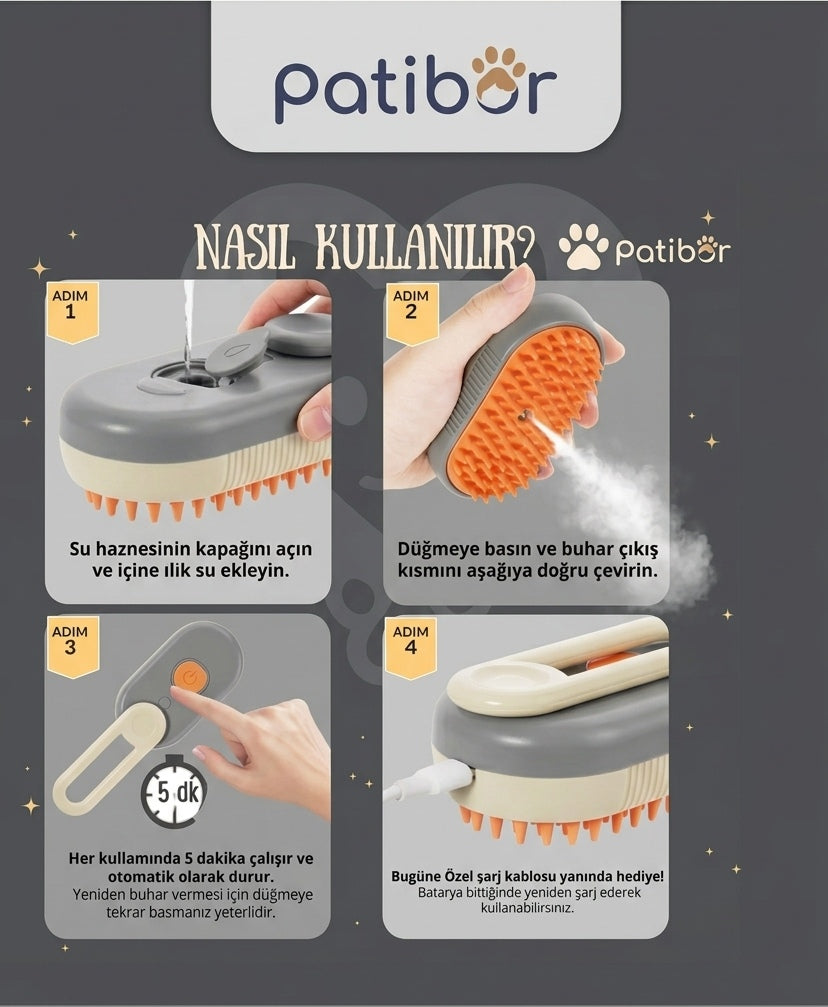 🐾 PATİSİL BUHARLI ŞARJLI KEDİ KÖPEK TARAĞI